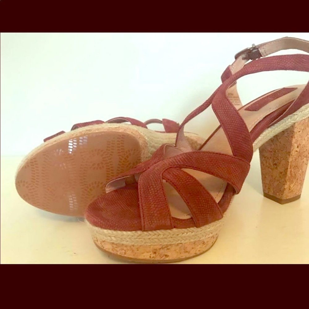 Washed red strappy cork heel sandals 9.5